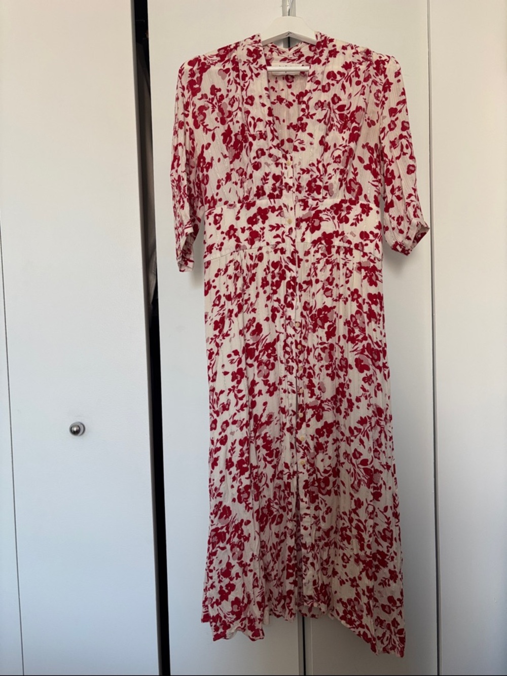 ba&sh Cream Maxi Dress with Red Floral Print